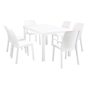 MilaniHome Set Tavolo da Giardino Rettangolare Fisso Cm 150 X 90 con 4 Sedie E 2 Poltrone in Wicker Stampato Bianco da Esterno