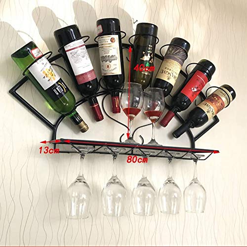 Portabottiglie E Bicchieri Da Parete MBQQ, 2 Ripiani In Legno E Metalllo, Con 5 Steli, Per Vino E Tazze, Colore Nero