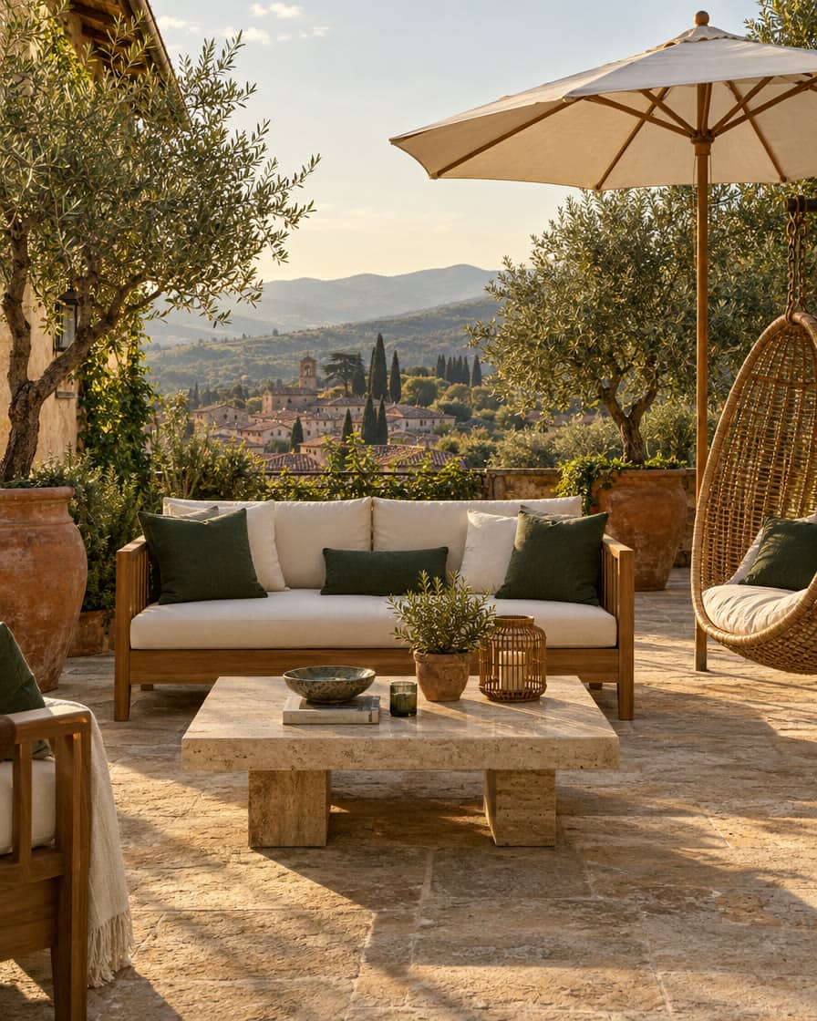Giardino ed esterni arredato: salotti da esterno, dondoli, ombrelloni, amache e lettini