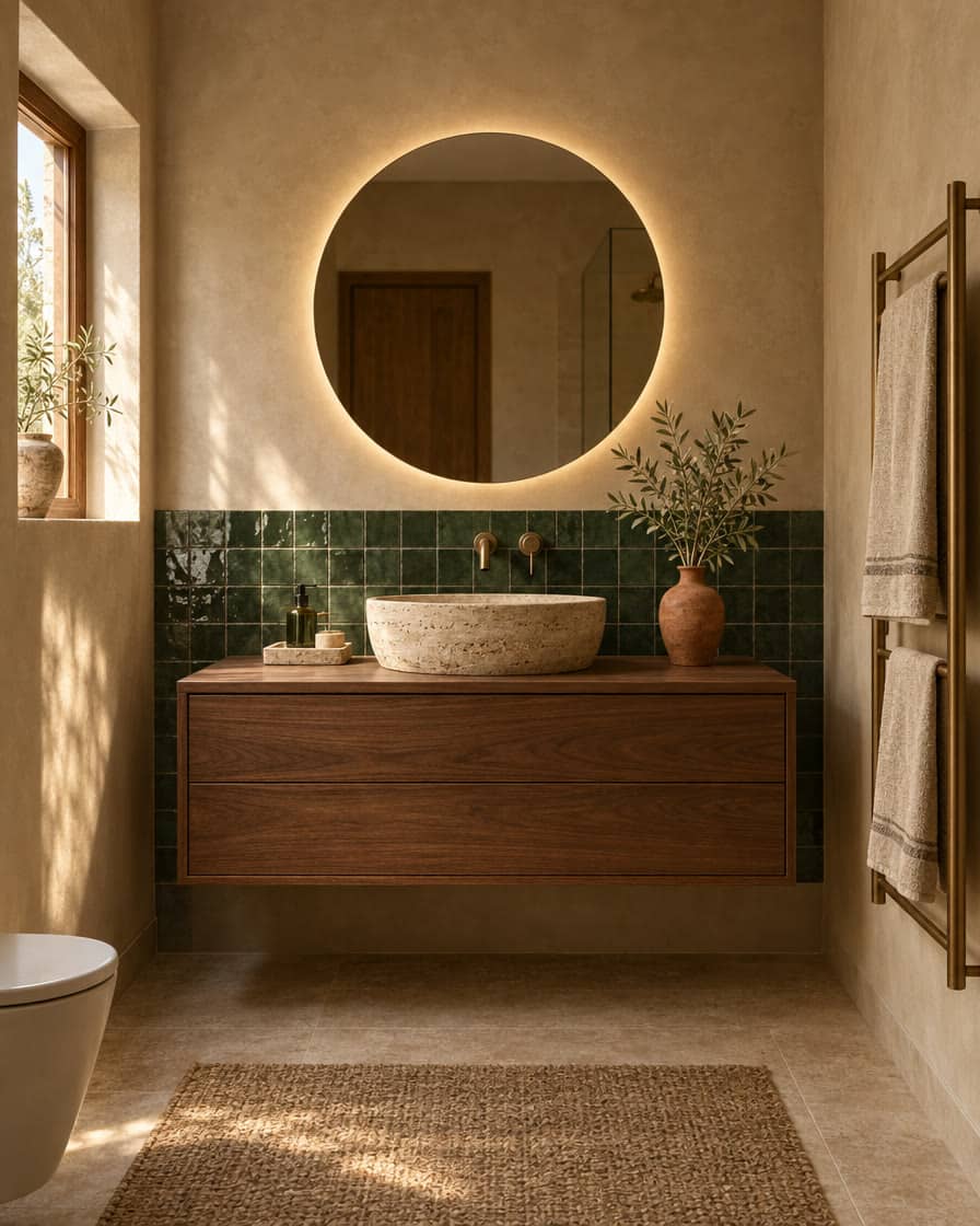 Bagno e lavanderia arredato: mobili con lavabo, mensole, specchi e stendibiancheria
