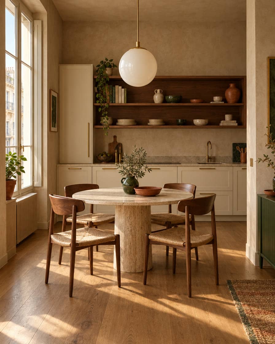 Cucina e sala da pranzo arredato: tavoli, sedie, sgabelli, carrelli e cantinette