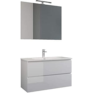 MaMa Store Atena Mobile sospeso con lavabo, specchio e lampada LED, Laminato, Bianco Lucido Laccato L. 62 X P. 47 X H. 53 Cm