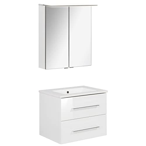 Fackelmann - Set di mobili da bagno B.Perfect, 2 pezzi, con mobiletto sottolavello, con lavabo in ceramica, da appendere, 60 cm e armadietto a LED