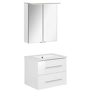 Fackelmann - Set di mobili da bagno B.Perfect, 2 pezzi, con mobiletto sottolavello, con lavabo in ceramica, da appendere, 60 cm e armadietto a LED
