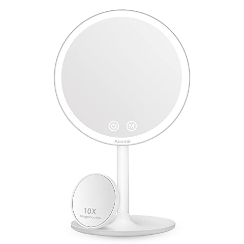 Auxmir Specchio Trucco con Luci a 3 Colori, Specchio da Tavolo, Specchio Cosmetico con Specchietto Ingranditore 10X, Luminosità Regolabile, Ricaricabile, Batteria al Litio, per Bagno e Viaggio