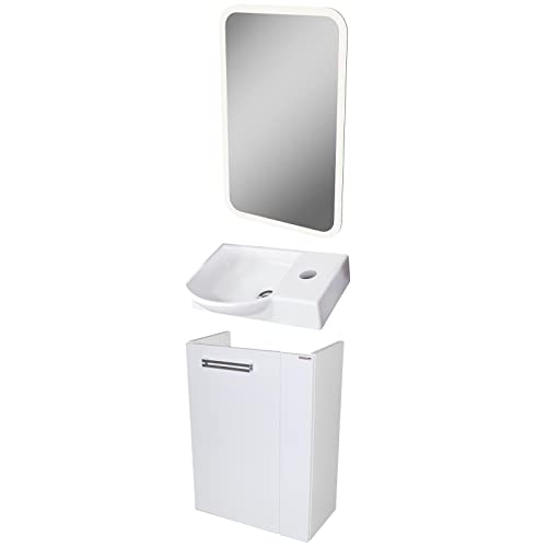 Fackelmann – Set di mobili da Bagno Como Ospiti WC 3 Pezzi 45 cm Bianco con mobiletto da Bagno & Ceramica Bacino & LED Specchio Element