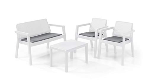 Keter Emily Lounge Set, Mobili da Giardino Superficie Liscia con Divano 2 Posti 2 Sedie e Tavolino, Bianco
