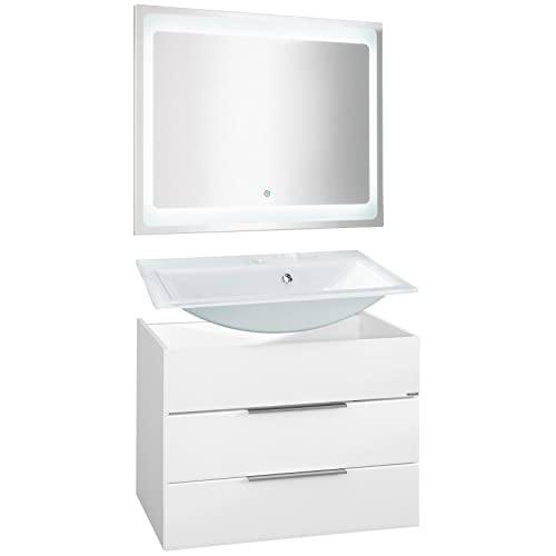 FACKELMANN Kara - Set di mobili da bagno, 3 pezzi, 80 cm, con mobiletto sottolavello, lavabo in vetro e armadietto a LED