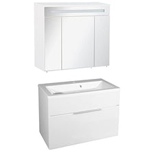 FACKELMANN Set di mobili da bagno Kara 3 pezzi, 80 cm, bianco con lavabo in ceramica e armadietto a specchio a LED