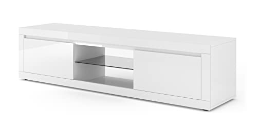 LOWBOARD - Cassettiera Bello Bianco V, 180 cm, con apertura senza maniglie, HiFi, credenza per TV, colore: Bianco opaco e bianco lucido