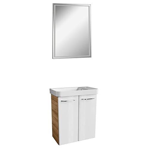 FACKELMANN - Set di mobili da bagno stretti e lucidi, 3 pezzi, Milano, WC con mobiletto sottolavabo da 55 cm e specchio da bagno a LED