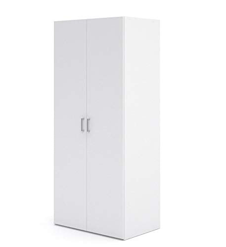 Dmora Armadio Guardaroba Ante battenti con Due Ripiani Interni e Barra Appendiabiti, Colore Bianco, cm 77 x 175 x 49, Pannello truciolare melaminico