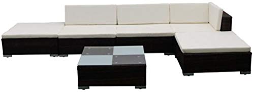 Set di mobili da giardino e terrazza, 2 divani ad angolo, 1 divano centrale, 1 divano singolo, 1 ottomana + 1 tavolino centrale, 5 cuscini seduta + 6 cuscini per schienale.