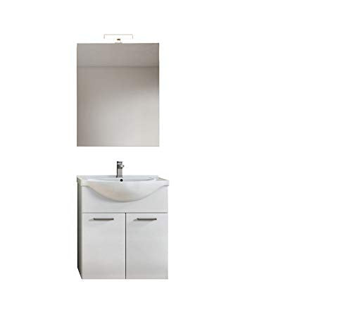 MaMa Store SARA 75 Mobile sospeso / a Terra con 2 Ante, lavabo e Lampada, L. 75 cm x P. 50 cm x H. 79 cm, Bianco Lucido Laccato, MDF
