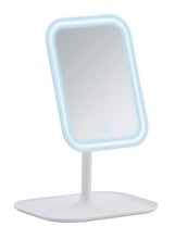 WENKO Specchio d'appoggio con luce LED Bertiolo - Specchio per cosmesi, specchio con illuminazione, superficie specchiante: 13 x 18 cm, Plastica, 21 x 30 x 16.5 cm, Bianco