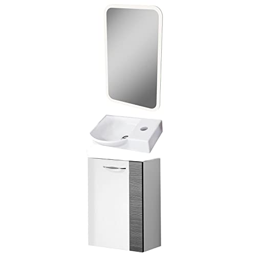 Fackelmann – Set di mobili da Bagno sceno Ospiti WC 3 Pezzi 45 cm Bianco Antracite con mobiletto da Bagno & Ceramica Bacino & LED Specchio Element