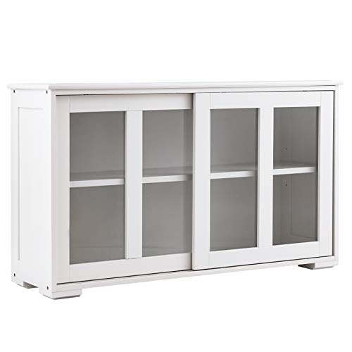 DREAMADE Armadietto da Cucina, Mobiletto Laterale Moltiuso, Credenza Salvaspazio 2 Ripiani, con Ante Scorrevoli, in Legno e Vetro Temperato, per Corridoio Soggiorno,106,5x33x62,5 cm (Bianco Crema)