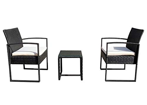 REDI GROUP Set da Giardino 2 Poltrone + Tavolino, Rattan Nero Intrecciato a Mano, Cuscini Ecrù, 3 Pz Mobili da Esterno per Balcone, Giardino, Bar, Ristorante