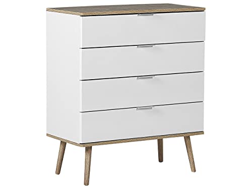 Beliani Cassettiera Bianca e MDF Colore Legno Chiaro con 4 Cassetti 93 x 79 cm Walpi