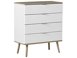 Beliani Cassettiera Bianca e MDF Colore Legno Chiaro con 4 Cassetti 93 x 79 cm Walpi