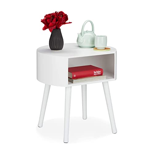 Relaxdays Tavolino Basso da Salotto, Tavolo Rotondo con Vano Portaoggetti, Gambe in Legno, HLP 47,5 x 46 x 40 cm, Bianco, Pannelli MDF