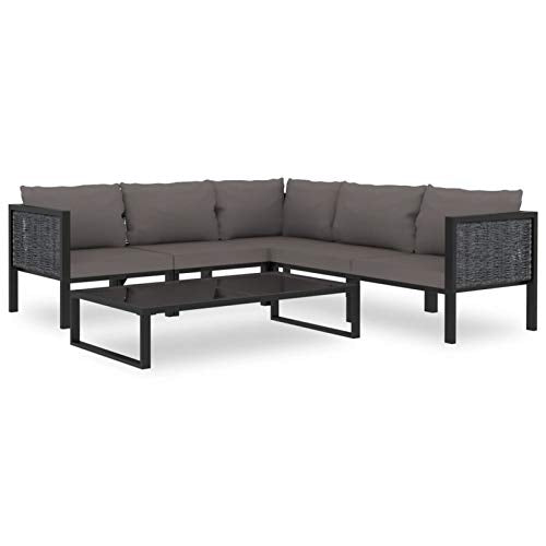 Tidyard Set 6 pz Divani Modulari Angolari da Giardino in Polyrattan Antracite con Tavolino in Vetro,Set Divani da Esterno in Rattan,Divano Angoalre ad Angolo,Divano Modulare