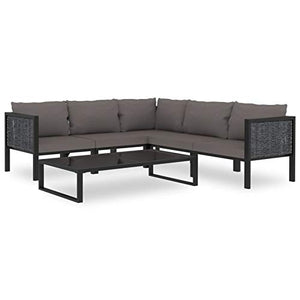 Tidyard Set 6 pz Divani Modulari Angolari da Giardino in Polyrattan Antracite con Tavolino in Vetro,Set Divani da Esterno in Rattan,Divano Angoalre ad Angolo,Divano Modulare