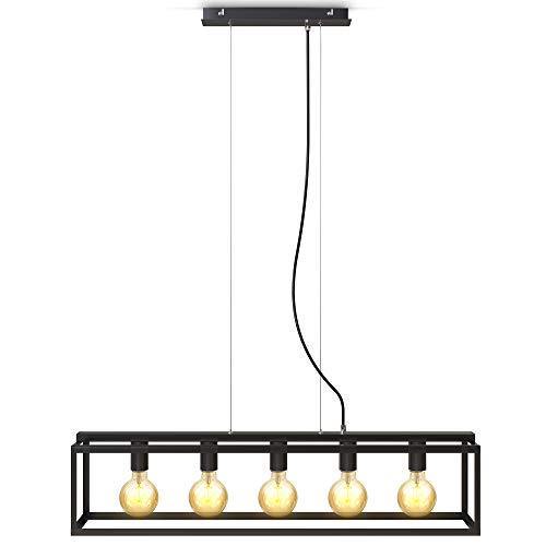 B.K.Licht Lampada a sospensione con 5 punti luce, attacco per lampadine E27 non incluse, Lampadario da soffitto regolabile in altezza a parallelepipedo in metallo nero opaco per cucina, 92x20x120cm - Arredi Casa