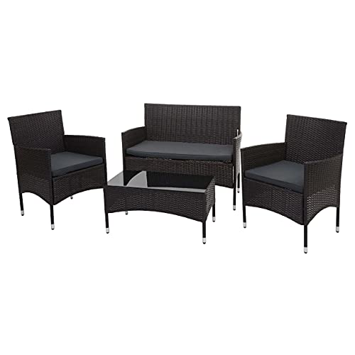 Mendler Salottino da Esterno Giardino HWC-F55 polyrattan Marrone con Cuscini Grigio Scuro