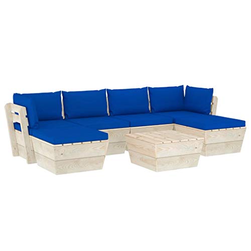 SKM Set Divani da Giardino su Pallet 7 pz con Cuscini Legno Abete (125.7kg) Blu-3586