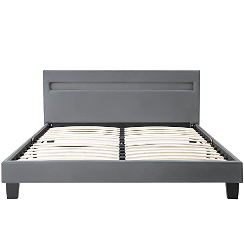 Letto Singolo Struttura letto Letto Matrimoniale Telaio Letto Led Led Telaio Letto Matrimoniale In Pelle Artificiale E Telaio A Doghe Naturale Robusto Per Adulti Bambini E Giovani, 140 X 200 Cm Grigio