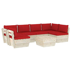 SKM Set Divani da Giardino su Pallet 7 pz con Cuscini Legno Abete (133.9kg) Rosso-3594