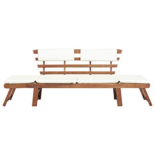 Panca da giardino con cuscini per seduta e schienale, 2 in 1, trasformabile, in legno massello di acacia per giardino o patio, (155 – 190) x 66 x 75 cm