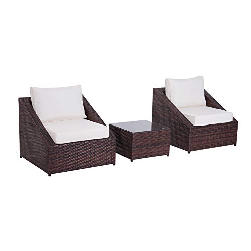 Outsunny Set Mobili da Giardino in PE Rattan con Tavolino e 2 Poltrone con Cuscini, Marrone