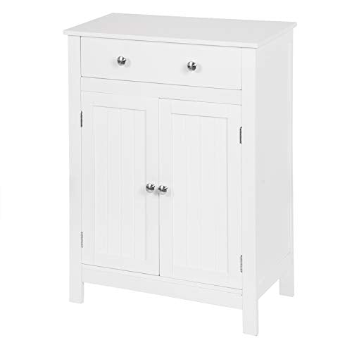 EUGAD 0128WY Armadietto da Terra Bianco Mobiletto Bagno Mobile Autoportante con Ante e Cassetto Salvaspazio in Legno¡­