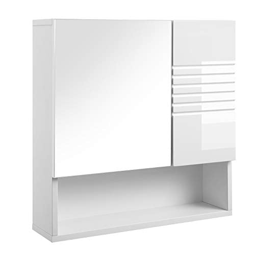 VASAGLE Armadietto con Specchio in Vetro Temperato, Mobile Bagno Sospeso con Mensola e Ripiani Regolabili, Mobiletto da Parete, Cerniere Ammortizzate, 54 x 15 x 55 cm, Bianco BBK21WT