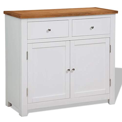 GOTOTOP Credenza in legno di quercia di acacia con 2 ante e 2 cassetti, armadio ausiliario per corridoio, soggiorno, camera da letto, 90 x 33,5 x 83 cm, marrone e bianco