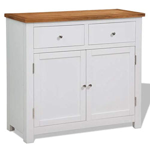 GOTOTOP Credenza in legno di quercia di acacia con 2 ante e 2 cassetti, armadio ausiliario per corridoio, soggiorno, camera da letto, 90 x 33,5 x 83 cm, marrone e bianco