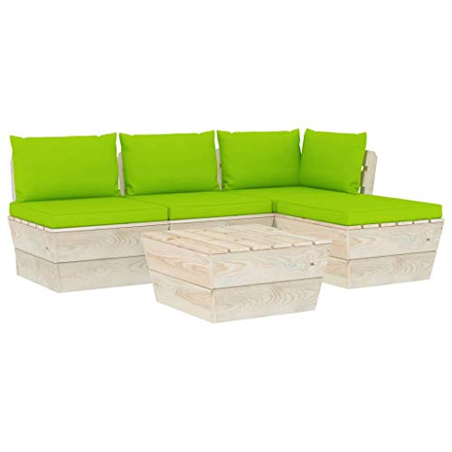 SKM Set Divani da Giardino su Pallet 5 pz con Cuscini Legno Abete (88.4kg) Verde-3467