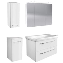 FACKELMANN - Set di mobili da bagno, 5 pezzi, colore: Bianco lucido Milano - Lavandino in ceramica da appendere, 100 cm e 3 ante a LED