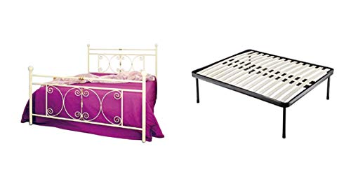 Letto Matrimoniale, Ferro Battuto, Modello Mimosa, Vari Colori Disponibili, 100% Made in Italy (Avorio, Sfumature Oro + Rete Compatibile 160x190)