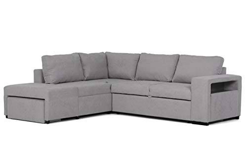 Confort24 Zurie - Divano angolare a L convertibile reversibile a 4 posti, sedia a sdraio a destra o sinistra, con pouf a 2 cassetti e mensola per soggiorno, decorazione della casa