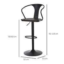 homcom Set 2 Sgabelli da Bar Girevoli, Acciaio Nero e Legno con Altezza Regolabile, Schienale e Braccioli 52x53x91-114cm