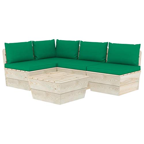 SKM Set Divani da Giardino su Pallet 5 pz con Cuscini Legno Abete (92.5kg) Verde-3485