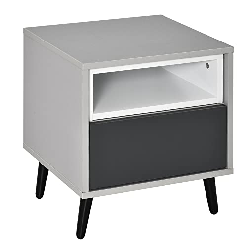 HOMCOM Mobiletto Basso Comodino con Cassetto e Mensola Rimovibile, Gambe in Metallo, per Casa Ufficio, Grigio e Bianco, 40x40x45cm