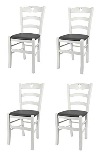Tommychairs - Set 4 sedie modello Cuore per cucina bar e sala da pranzo, robusta struttura in Legno di faggio laccato bianco e seduta rivestita in pelle artificiale colore grigio scuro