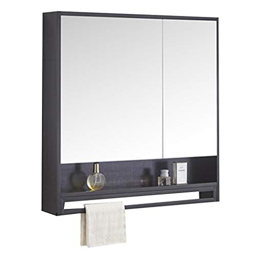 Armadietti a specchio Da Bagno Parete in Legno Massello Mobiletto da Bagno Mensola Specchio Cosmetico da Bagno (Color : Black, Size : 80 * 14 * 80cm)