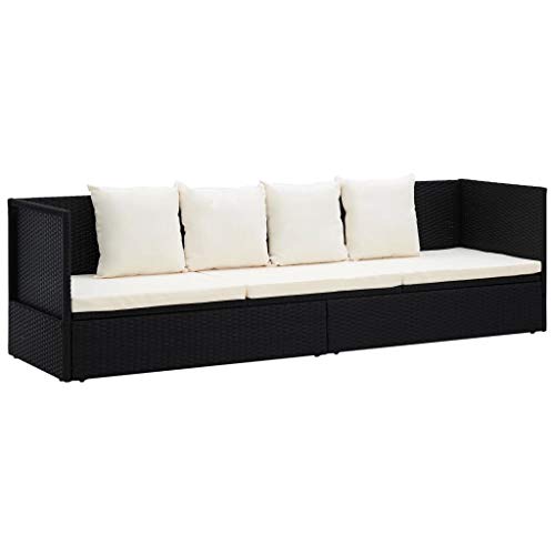 Divani da Giardino Esterno in Polyrattan con Cuscini, Divano 3 Posti, Lettino Prendisole con Cuscini in Polyrattan 200 x 60 x 58 cm, Nero