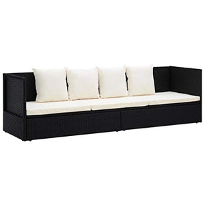 Divani da Giardino Esterno in Polyrattan con Cuscini, Divano 3 Posti, Lettino Prendisole con Cuscini in Polyrattan 200 x 60 x 58 cm, Nero