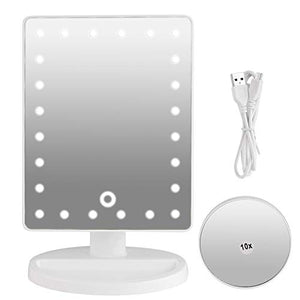 Specchio cosmetico, ricarica USB Specchio ingranditore 10X con 20 luci a LED e base portaoggetti per casa da tavolo bagno doccia da viaggio